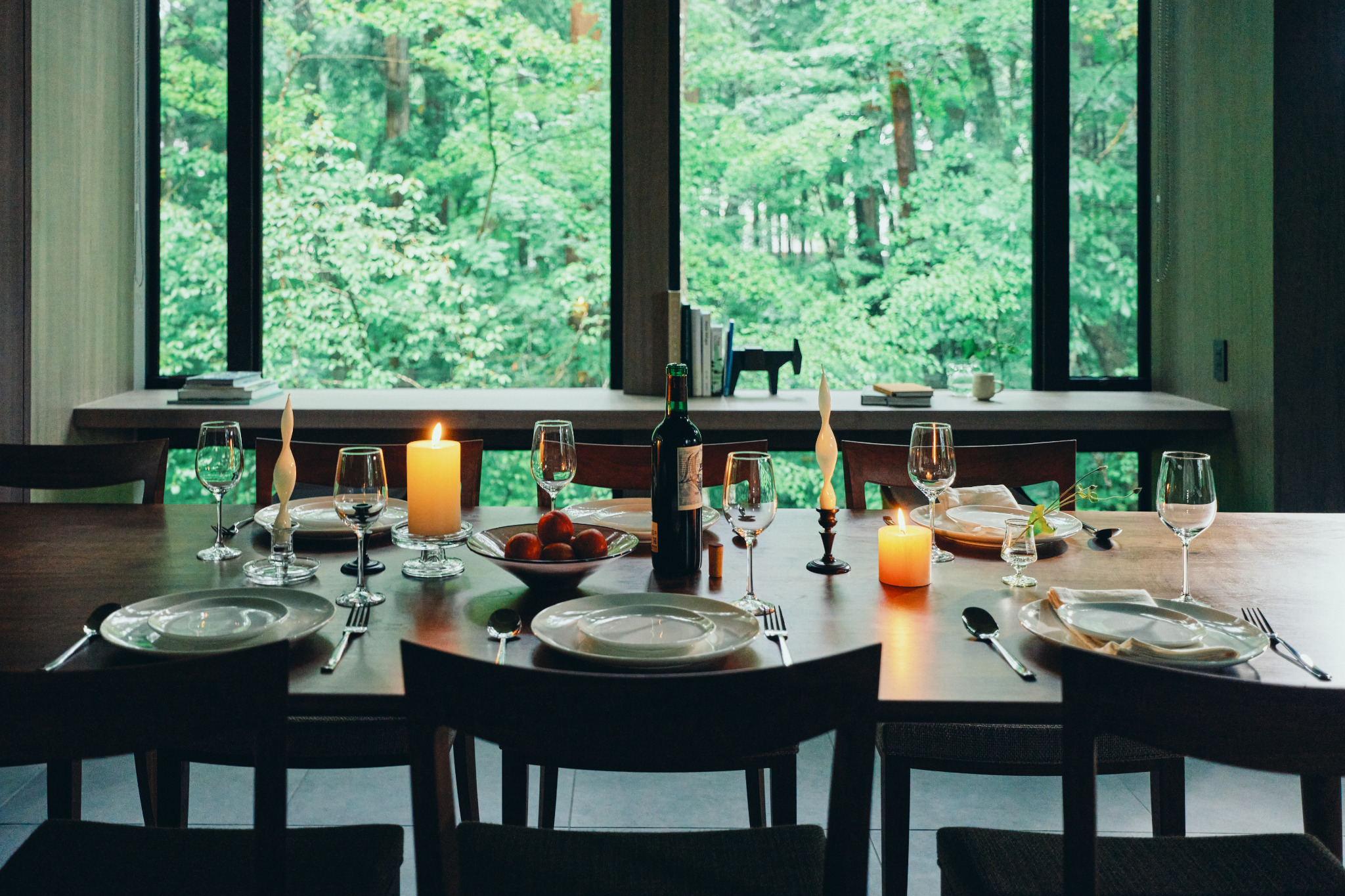 The dining table set for a shared meal